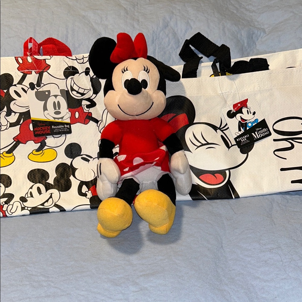Disney Plush Minnie Toy and Mickey and Minnie Reusable Grocery Bags Set